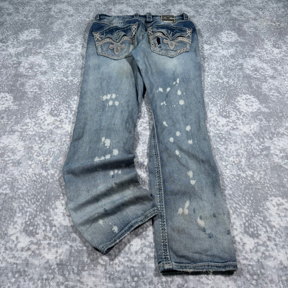 Rock Revival Bridge Straight Jeans Mens 34 Blue Y2K Baggy Graphic Skater Grunge